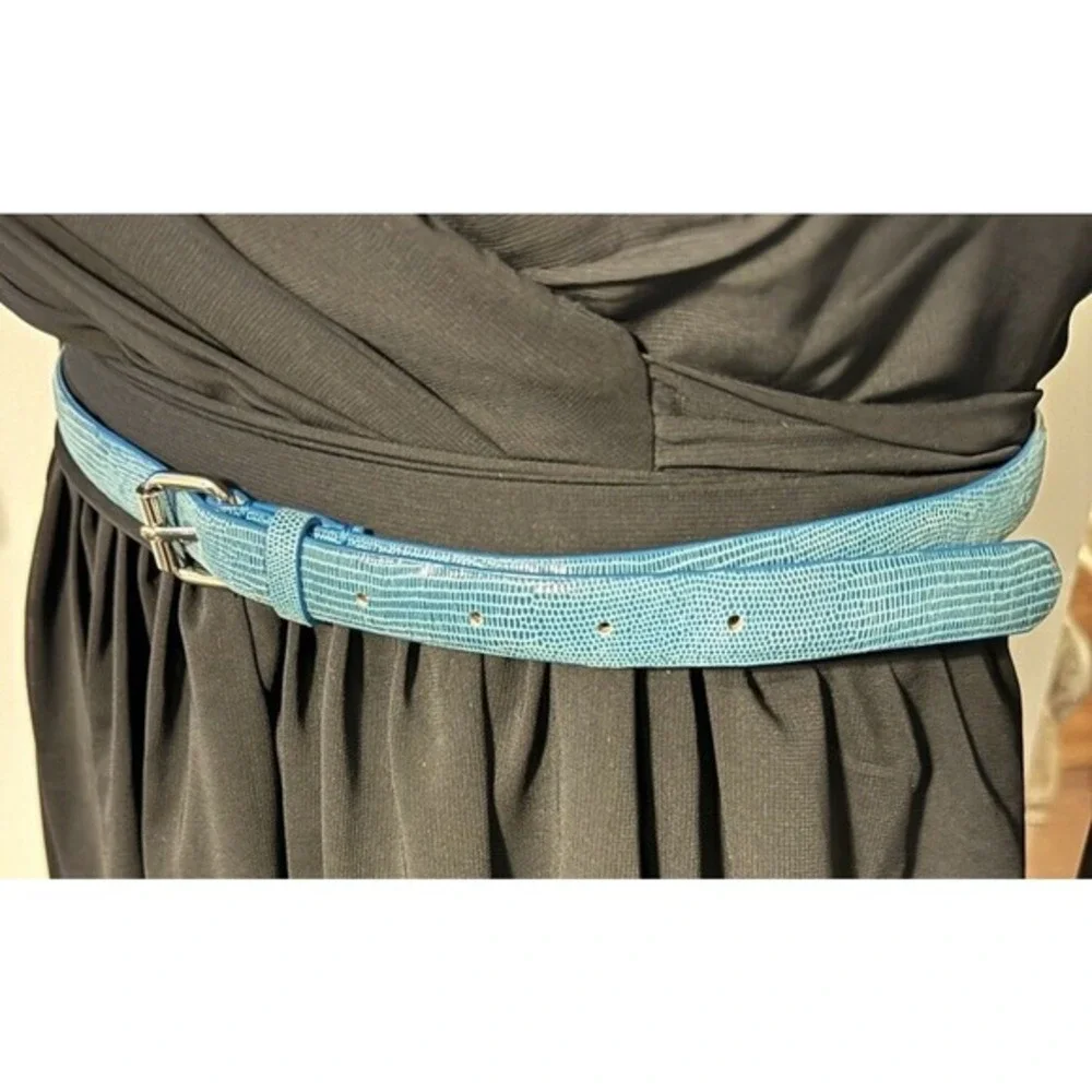 Ann Taylor Blue Lizard‎ Embossed Genuine Leather Slim Belt Silver Buckle S 47-85